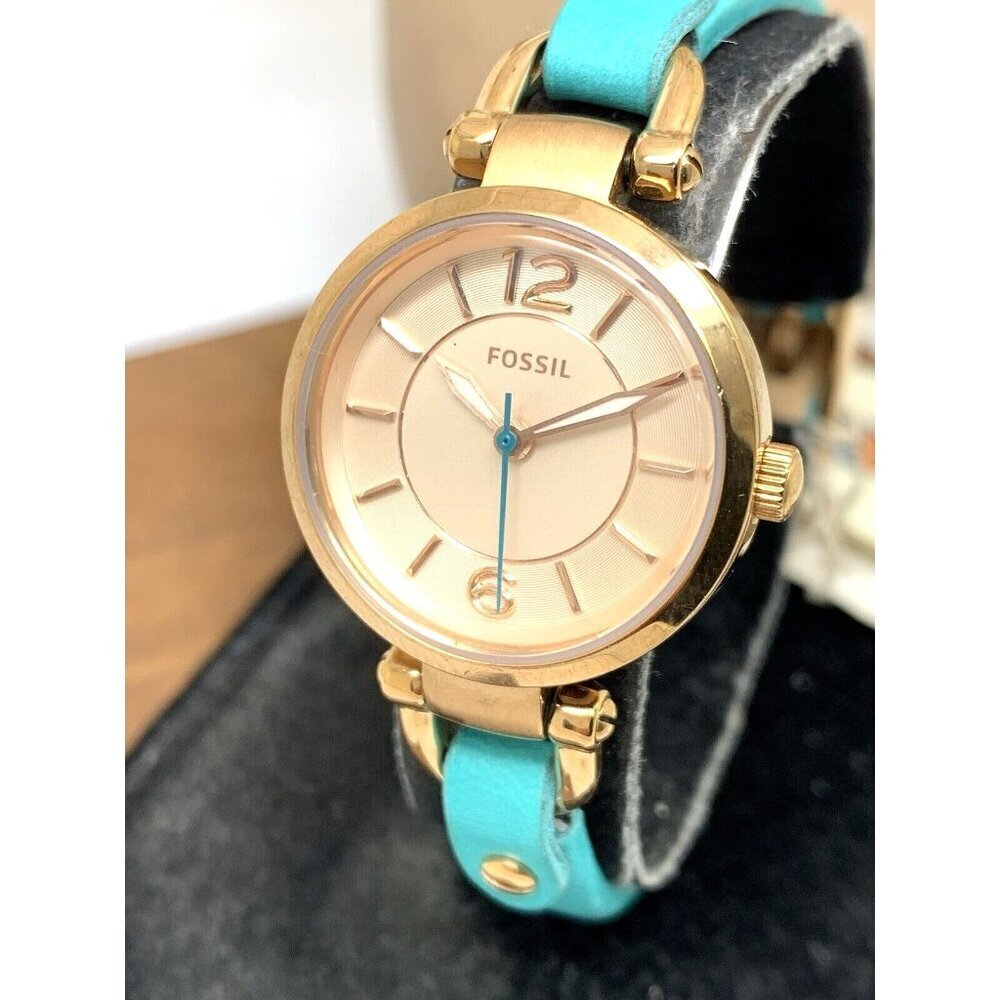 Fossil Women's Watch ES3744 Georgia Quartz Rose Gold Tone Blue Leather Band 26mm